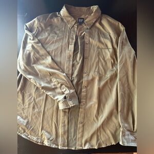 GAP Olive Green Long-Sleeve Button-Up Blouse in Satin